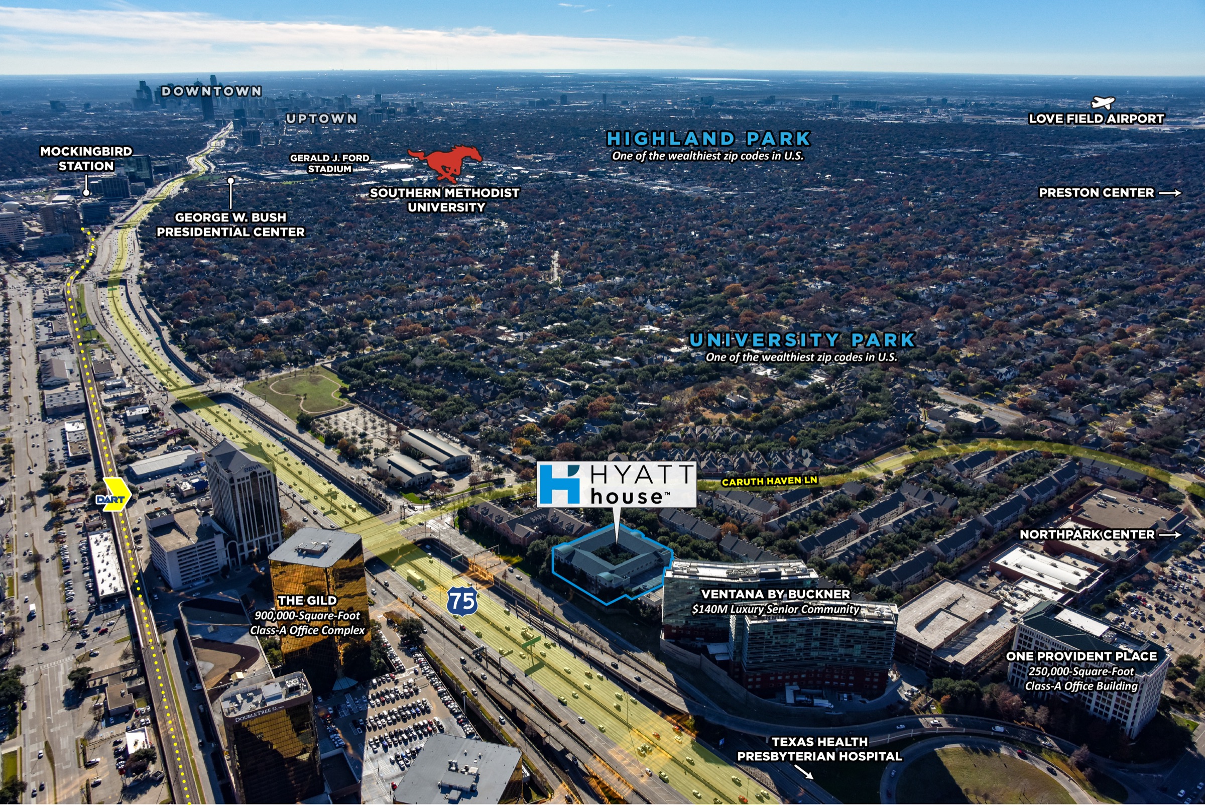 Aerial of the Hyatt House Dallas/Lincoln Park showing Highland Park, University Park, SMU, NorthPark Center, Preston Center, The Gild, One Provident Place, Ventana by Buckner, Texas Health Presbyterian Hospital, downtown Dallas and Love Field Airport