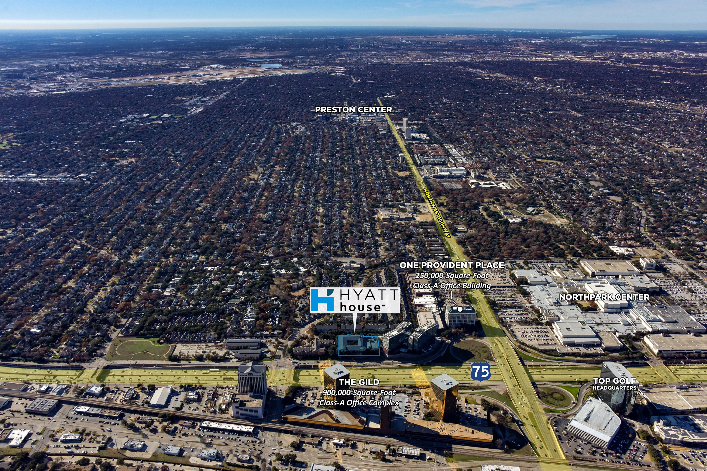 Aerial looking north over the Hyatt House Dallas/Lincoln Park showing Preston Center, The Gild, One Provident Place, NorthPark Center, Topgolf headquarters, Northwest Highway and US 75